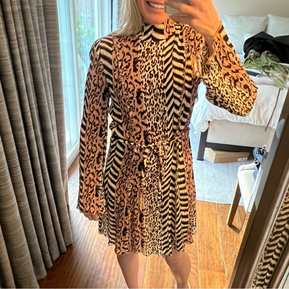 Nanushka Fit and Flare Dress with Long Bell Sleeves and Mock Neck